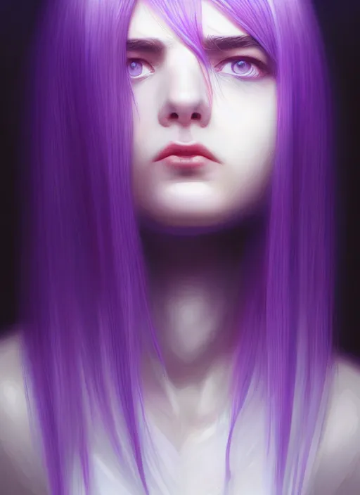 Image similar to hair whitebangs hair, black hair, whitebangs, portrait of teenage girl with white bangs, red irises, purple clothes, white bangs, bangs are different color from hair, intricate, elegant, glowing lights, highly detailed, digital painting, artstation, concept art, smooth, sharp focus, illustration, art by wlop, mars ravelo and greg rutkowski