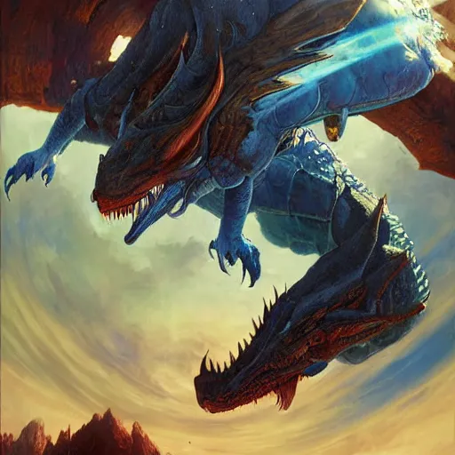 Image similar to Gigantic blue scaled dragon devouring an earth like planet while flying in space, dinosaur, sun system, nebula, oil painting, by Fernanda Suarez and Edgar Maxence and Greg Rutkowski