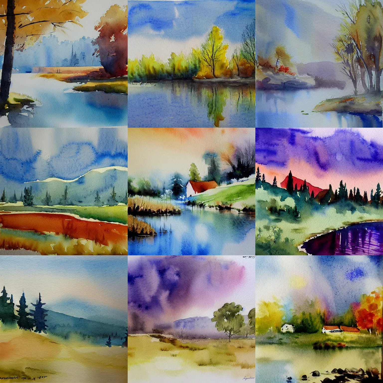 Prompt: watercolor landscape by marina andreev