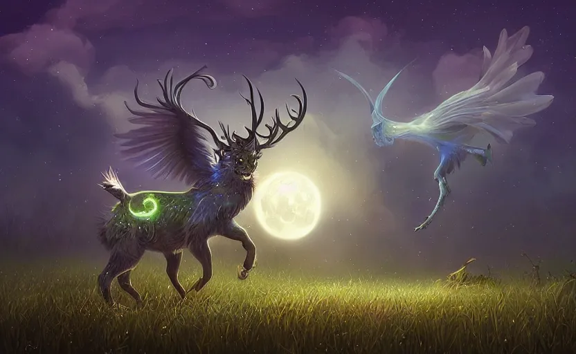 Prompt: a whimsical magical glowing creature in a field, beautiful, cool dynamic lighting, moonlight, atmospheric, cinematic, highly detailed digital art, painted by scott musgrove