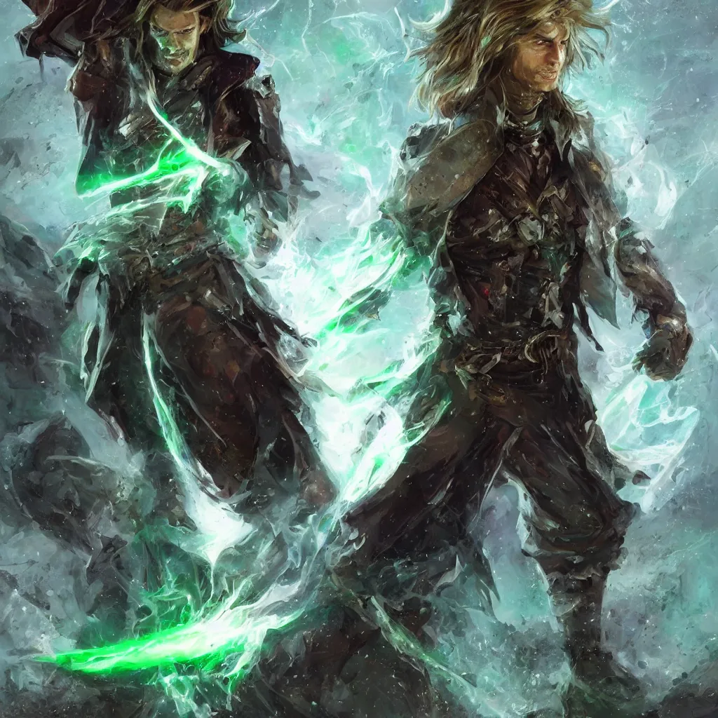 Prompt: closeup, tall, lean man with long wavy brown hair. He wears a torn-up leather jacket and a beige cloth shirt underneath. Black pants, and cowboy boots. Pale green glowing energy glows through the tears in his clothes, and he carries a large crystalline black longsword with red lightning that arcs across the blade. by craig mullins, featured on artstation