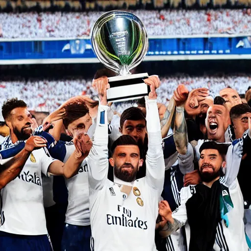 Prompt: real madrid fc team lifting a fax as a throphy