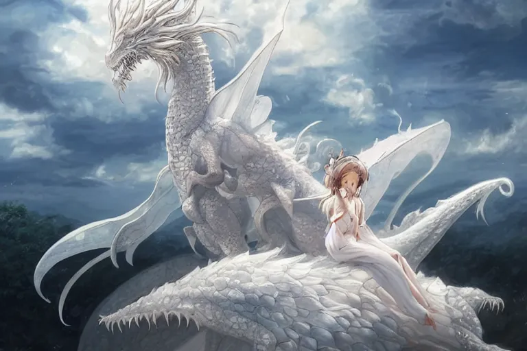 Image similar to the beautiful hyper detailed big scene portrait render that a beautiful girl sitting on the back of a huge silver white dragon alone in fairyland surrounded by white clouds, finely detailed angelic face delicate features, style of studio ghibli, makoto shinkai, artgerm, karol bak, kazuki tanahashi, james jean, ross tran, xision, ultra wide angle