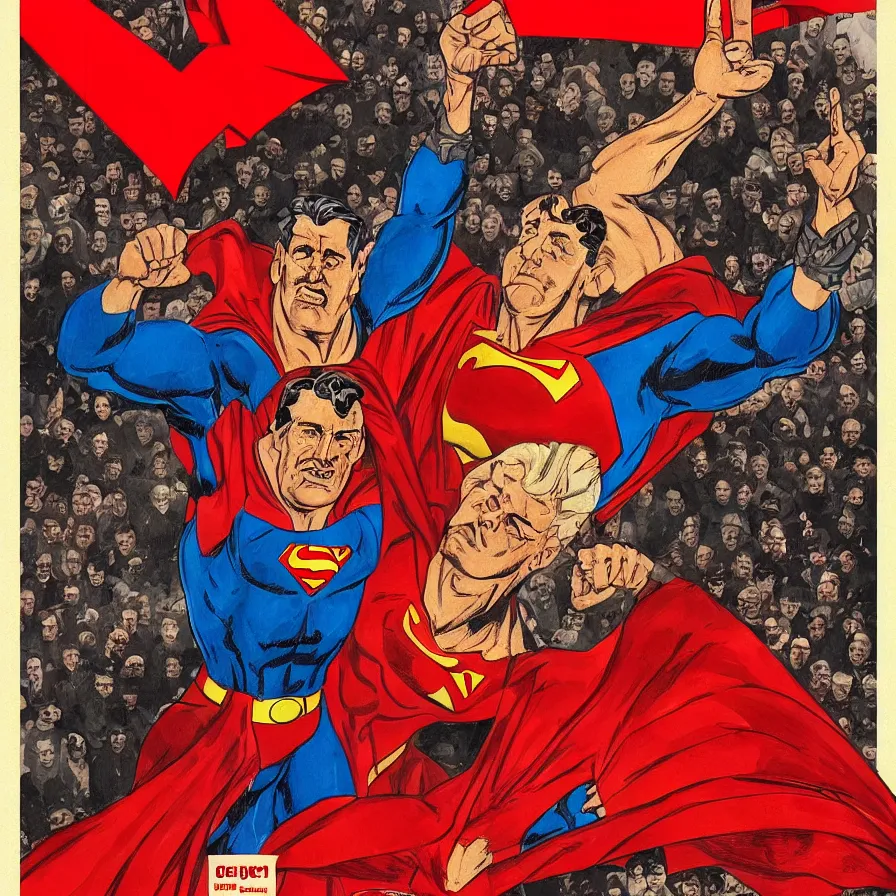 Image similar to epic comic book cover of stalin as superman floating over the red square ( moscow ), soviet propaganda poster, socialist realism, aesthetically pleasing, finely detailed facial features, photorealistic, intricate digital art, trending artstation, artgem, rich moody colors, fan art, concept art, in the style of the red son and invincible