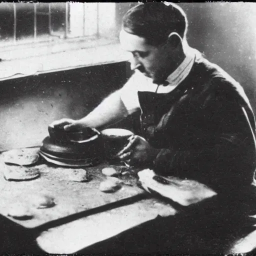 Image similar to an early 1900s photo of someone on a computer making a donut in blender