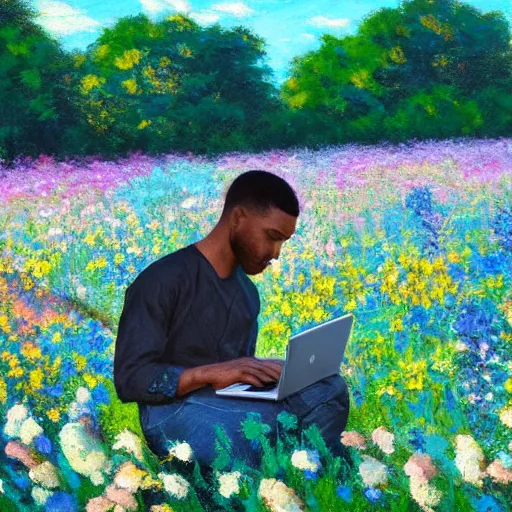 Image similar to a lightskin black man with short hair in a vast field of flowers, using a macbook laptop, wide shot, golden hour, vintage, impressionist painting, fine art, oil painting, dreamy, pastel, happy, intricate details, sharp, peaceful, serene