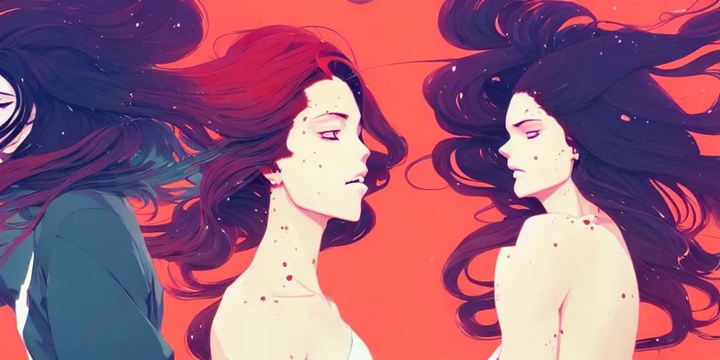 Image similar to a ultradetailed beautiful panting of two stylish woman with flowing hair standing back to back, by conrad roset, greg rutkowski and makoto shinkai, trending on artstation