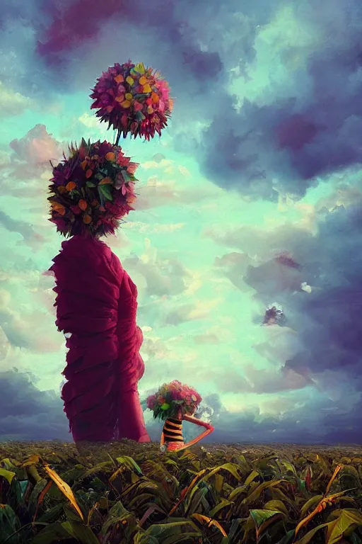 Image similar to closeup, girl with giant flower head, between monsteras, surreal photography, wind and cold, dramatic sky, impressionist painting, digital painting, artstation, simon stalenhag