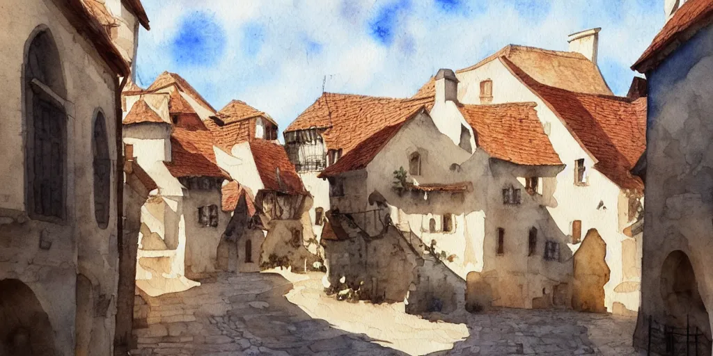 Prompt: medieval town, summer morning light, pale masterpiece watercolor painting, trending on artstation