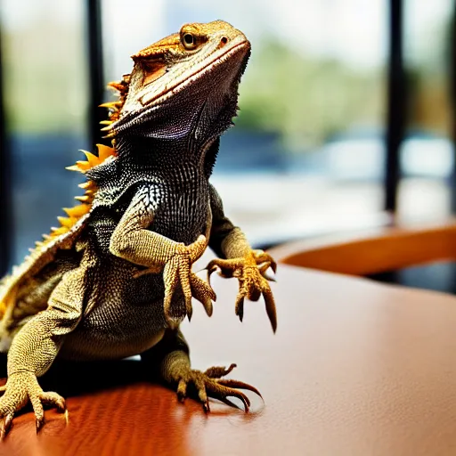 Image similar to a bearded dragon standing up, wearing a suit and tie in a restaurant, with his hands together