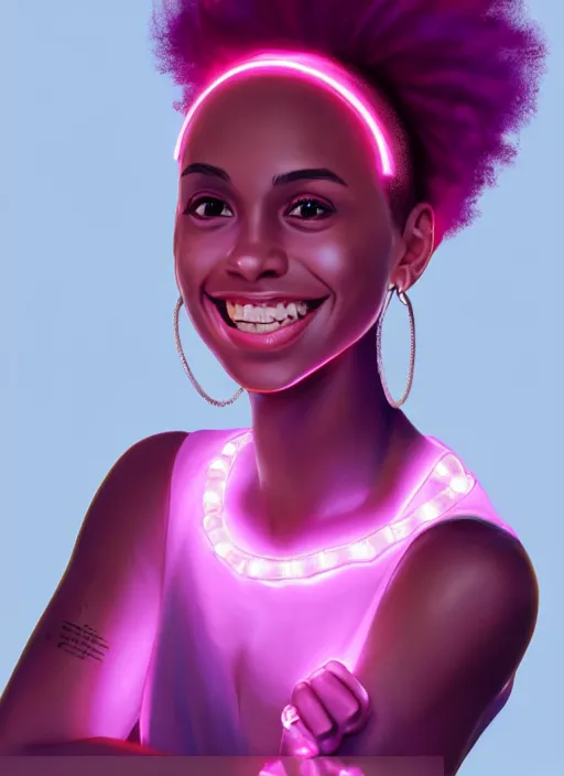 Image similar to portrait of vanessa morgan, black teenage girl, pink curly pixie cut hair, purple cap, hoop earrings, subtle confident smile, intricate, elegant, glowing lights, highly detailed, digital painting, artstation, concept art, sharp focus, illustration, art by wlop, mars ravelo and greg rutkowski