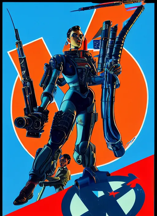 Image similar to american propaganda poster. powerful cyberpunk pilot. portrait by jean giraud and anton otto fischer and john philip falter and will eisner and gil elvgren and pixar. full body. realistic proportions. science fiction d & d. overwatch, rb 6 s, cyberpunk 2 0 7 7, blade runner 2 0 4 9. cel shading. thick lines.