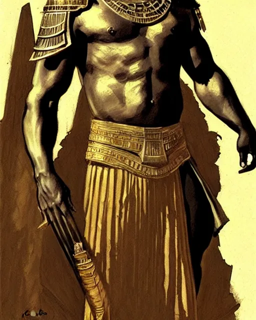 Prompt: concept art by anders zorn and craig mullins depicting djimon hounsou as a tall and very lean temple guard dressed in ancient egyptian decorative armor and flowing robes