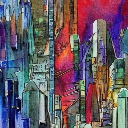 Image similar to utopian future city ruled by ai overlord, watercolor painting