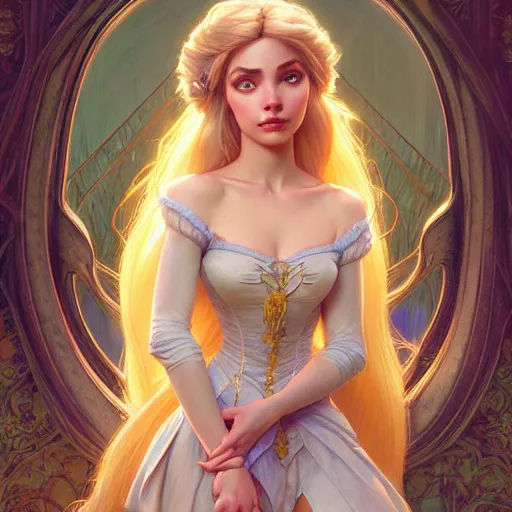 Image similar to Rapunzel, fantasy, intricate, elegant, highly detailed, digital painting, artstation, concept art, matte, sharp focus, illustration, art by Artgerm and Greg Rutkowski and Alphonse Mucha