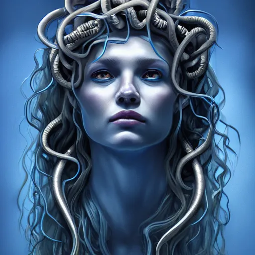 Prompt: portrait of medusa, deep blue, high detail concept art, dark fantasy, backlight, atmospheric, trending on artstation