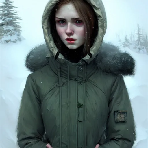 Image similar to young angry woman, beautiful girl, full body, parka, in an igloo, realistic, serov, surikov, vasnetsov, repin, kramskoi, insanely detailed, charlie bowater, tom bagshaw, high resolution, octane rendered, unreal engine, illustration, trending on artstation, masterpiece, 8 k