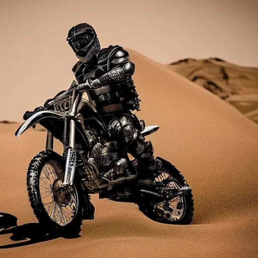 Prompt: cinematic shot of james hetfield wearing combat armor and riding a dirt bike in the desert, very detailed, very intricate,