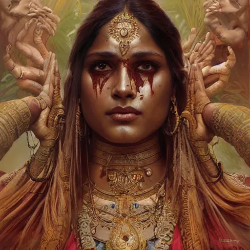 Prompt: wide portrait painting of a oiled muscular bloodied indian goddess, ultra realistic, concept art, intricate details, eerie, highly detailed, photorealistic, octane render, 8 k, unreal engine. art by artgerm and greg rutkowski and alphonse mucha