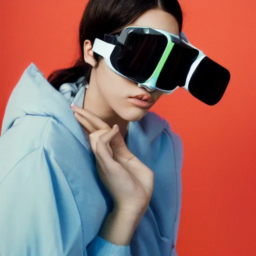 Image similar to realistic photoshooting for a new balenciaga lookbook, color film photography, portrait of a beautiful woman, model is wearing sski goggles in style of Tyler Mitchell, 35mm,