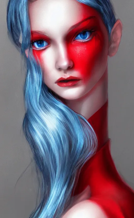 Image similar to the prettiest woman with silver blue hair, in a red and white dress portrait, dynamic lighting, fantasy concept art, trending on art station, stunning visuals, creative, cinematic, ultra detailed, ray tracing, sun rays, hyper realistic