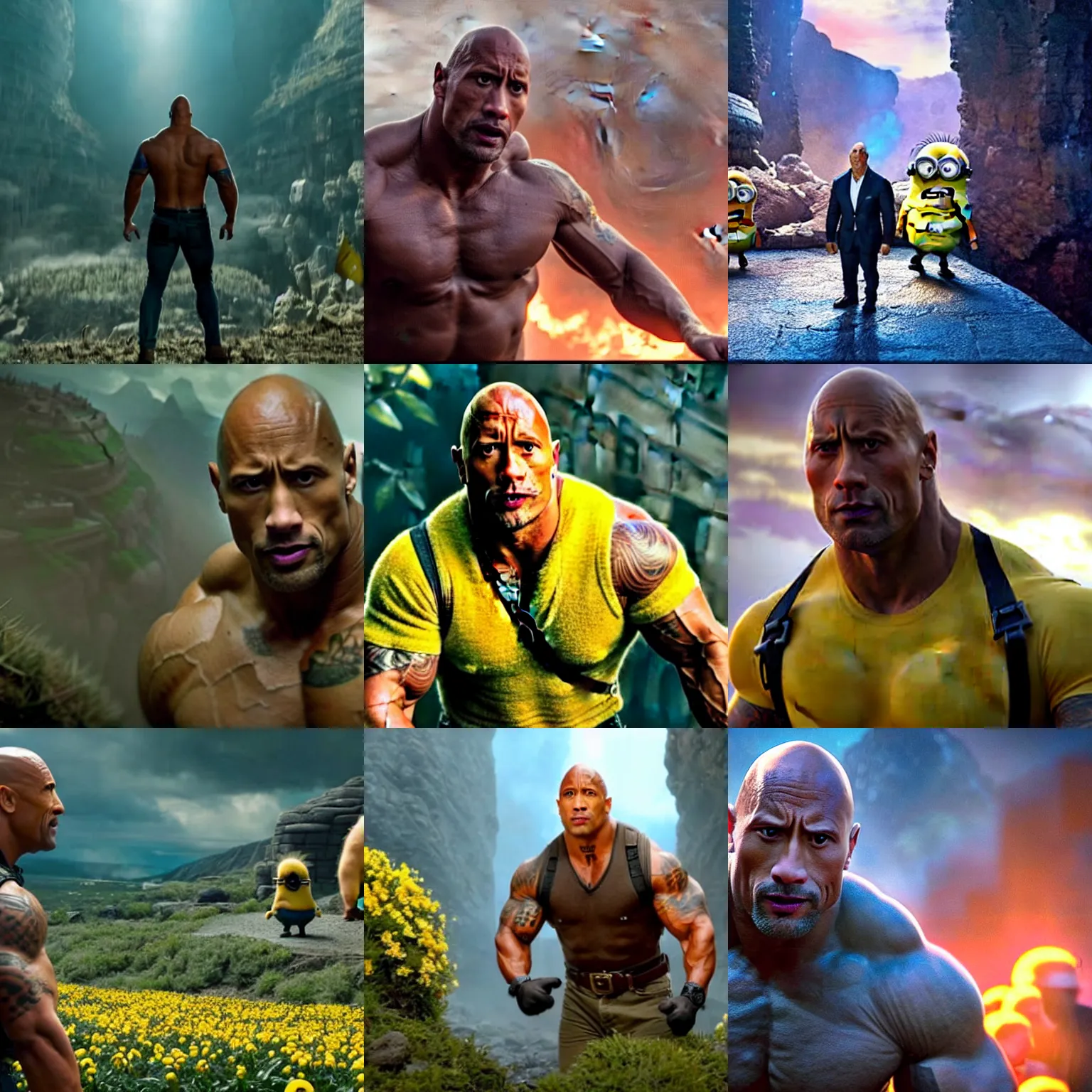 Prompt: dwayne johnson as a character in the minions live action movie, cinematic establishing shot, magical colours and atmosphere, perfect coherent composition