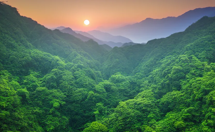 Prompt: Taiwan mountainous forests on the moon street photo, Khrushchyovkas, sunrise, flying scooters, long shadows, photorealistic, stunning, magnum photos 4k