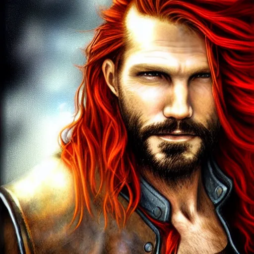 Image similar to portrait of a rugged!!!! male captain with long red hair!!!!!!, upper body, flowing hair, ethereal, handsome, smirk, leather coat, pirate!!!!!!!, ocean, D&D, fantasy, simple clothing!!!!, elegant, highly detailed, digital painting, cinematic lighting, stunning lighting, sensual, deviantart, artstation, concept art, sharp focus, illustration, art by Artgerm and Greg Rutkowski and Alphonse Mucha