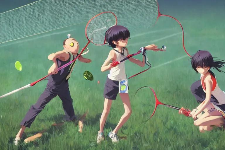 Image similar to frogs playing badminton, expert high detail concept art character design, perfect proportions defined faces, vivid colors, photorealistic shaded lighting poster ilya kuvshinov, katsuhiro, makoto shinkai, wlop, loish and clamp style, trending on art station, best selling artist