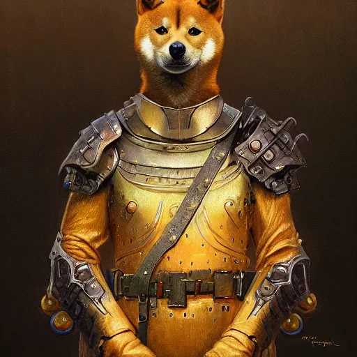 Image similar to realistic anthropomorphic shiba inu, in avalon armor set, science fiction, glowing aura, by donato giancola and greg rutkowski and wayne barlow and zdzisław beksinski, realistic face, visible face, digital art, artstation, symmetry