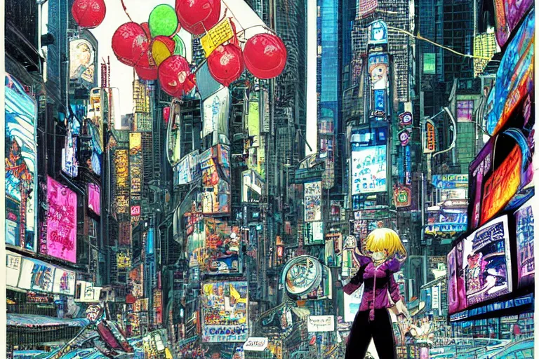 Prompt: an intricate, awe inspiring cyberpunk illustration of a girl with balloon, Times Square, by masamune shirow and katsuhiro otomo ((colorful))