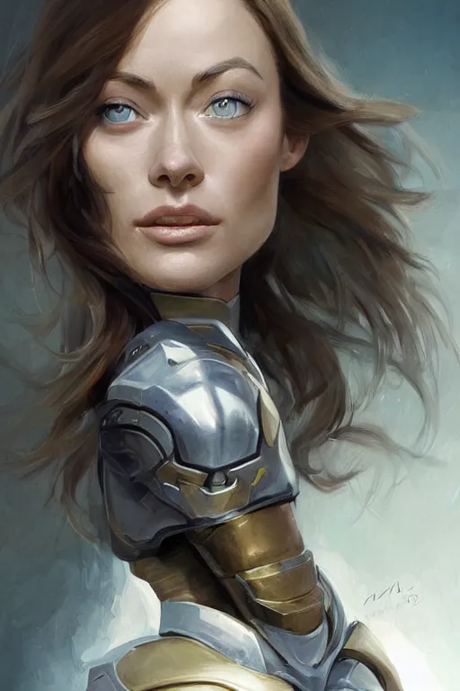 Image similar to a professional painting of a young Olivia Wilde, clothes in military armor, olive skin, long dark hair, beautiful bone structure, symmetrical facial features, intricate, elegant, digital painting, concept art, smooth, sharp focus, illustration, from StarCraft by Ruan Jia and Mandy Jurgens and Artgerm and William-Adolphe Bouguerea