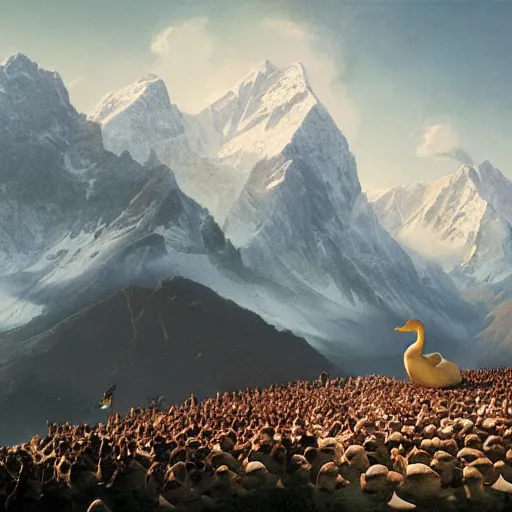 Prompt: Crowd surrounds giant duck waddling over mountains, mountain landscape, 1970s Himalayas, 4k, art by Greg Rutkowski