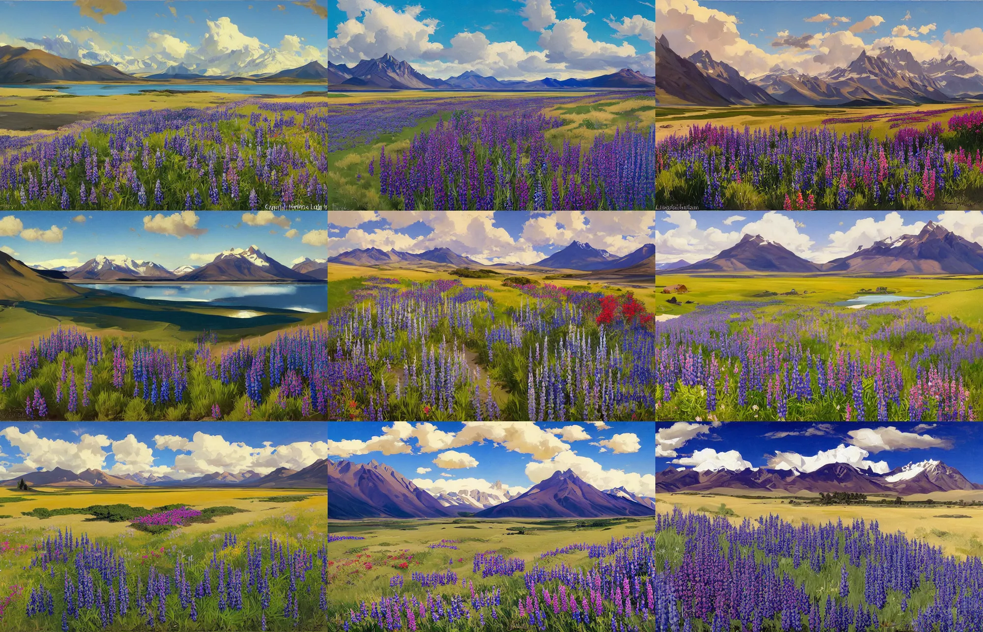 Prompt: painting by sargent and rhads and leyendecker and greg hildebrandt evening sky, low thunder clouds foothpath at indian summer lupins at lake tekapo tundra and taiga in background