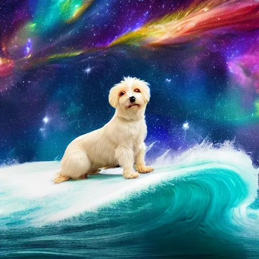 Image similar to a cream-colored Havanese dog surfing on top of a cosmic wave of iridescent energy, with a background of gorgeous nebulas and galaxies Rutkowski, 4k, masterpiece