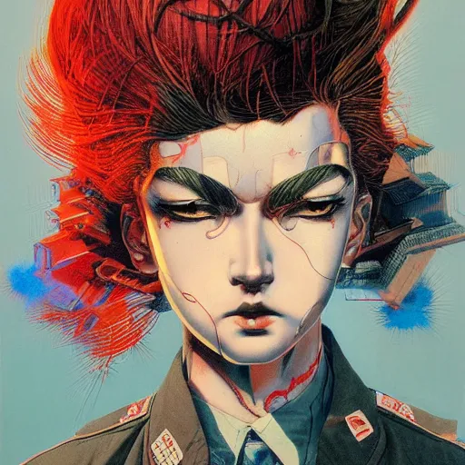 Image similar to prompt : soviet punk portrait soft light painted by james jean and katsuhiro otomo and erik jones, inspired by akira anime, smooth face feature, intricate oil painting, high detail illustration, sharp high detail, manga and anime 1 9 9 9