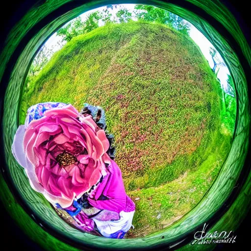 Image similar to a flower / human hybrid, fisheye photo