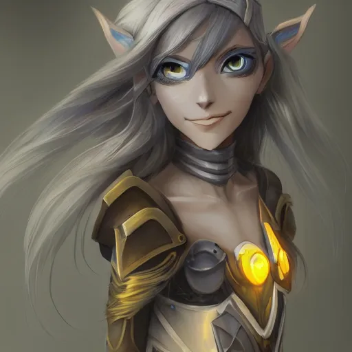 Image similar to a night elf girl with grey skin, yellow eyes and hair, ponytail, wearing armor, highly detailed, digital painting, artstation, matte, by makoto shinkai, animation style