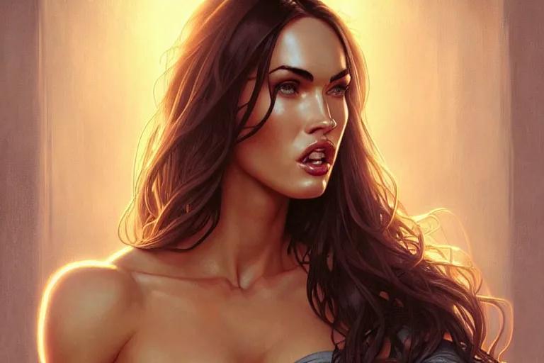 Prompt: portrait of megan fox kissing a blonde woman, muscular upper body intricate, headshot, highly detailed, digital painting, artstation, concept art, sharp focus, cinematic lighting, illustration, art by artgerm and greg rutkowski, alphonse mucha, cgsociety