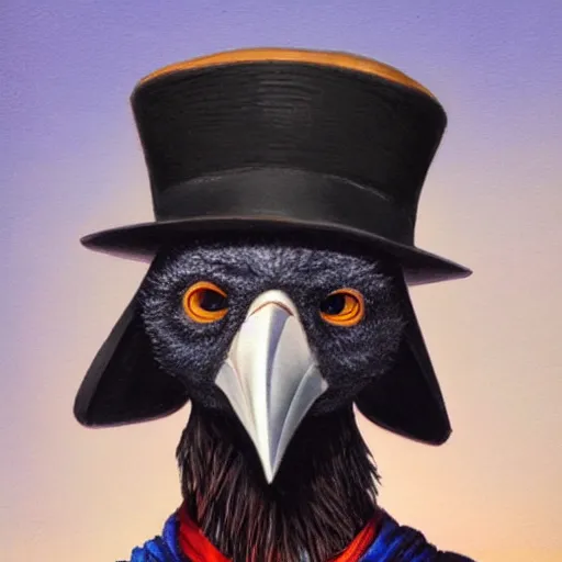 Image similar to ( ( ( head and shoulders portrait of a kenku crow person wearing a porkpie hat ) ) ), d & d, fantasy