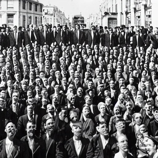 Prompt: an old black and white photo of a man with distorted facial features and a abnormally long body gives a political speech to a huge group of people who all have no eyes and twisted smiles,