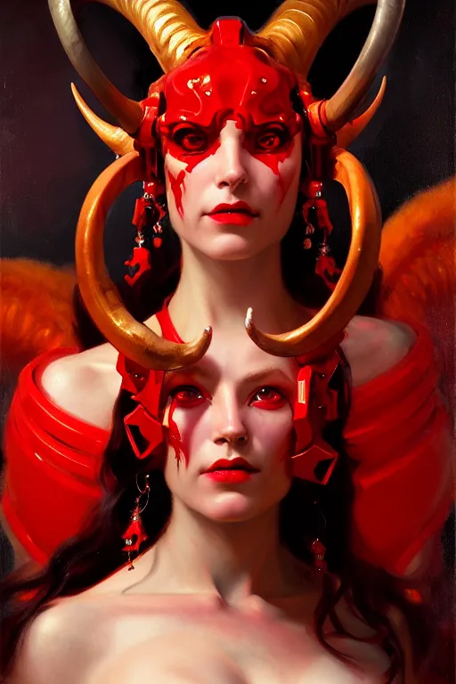 Prompt: painted close - up portrait of a very attractive red - skinned intimidating demon robot girl with ram horns! oil painting, wearing a noblewoman's outfit, fantasy art by john singer sargent and gaston bussiere and james jean and greg rutkowski, demon noble character design, ultra hd