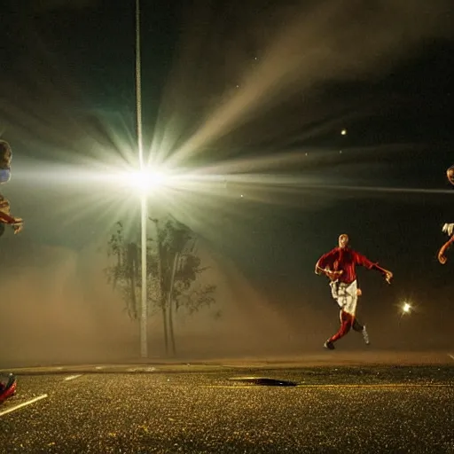 Image similar to action shot of dinosaurs playing sports while meteors streak across the sky leaving trails of fire, light fog, street lights, god rays, beautiful