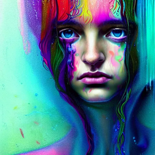 Image similar to portrait of girl in colored psychedelic rain with wet hair and face, fantasy, intricate, elegant, dramatic lighting, intense emotion, highly detailed, lifelike, photorealistic, digital painting, artstation, concept art, smooth, sharp focus, illustration, art by John Collier and Albert Aublet and Krenz Cushart and Artem Demura and Alphonse Mucha