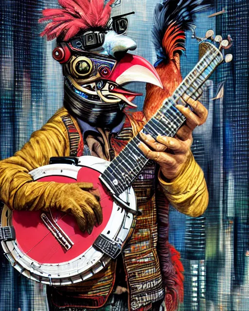 Image similar to a portrait of an anthropomorphic cyberpunk rooster strumming a banjo by sandra chevrier, by jon foster, detailed render, tape deck, epic composition, cybernetics, 4 k realistic, cryengine, realistic shaded lighting, sharp focus, masterpiece, by enki bilal