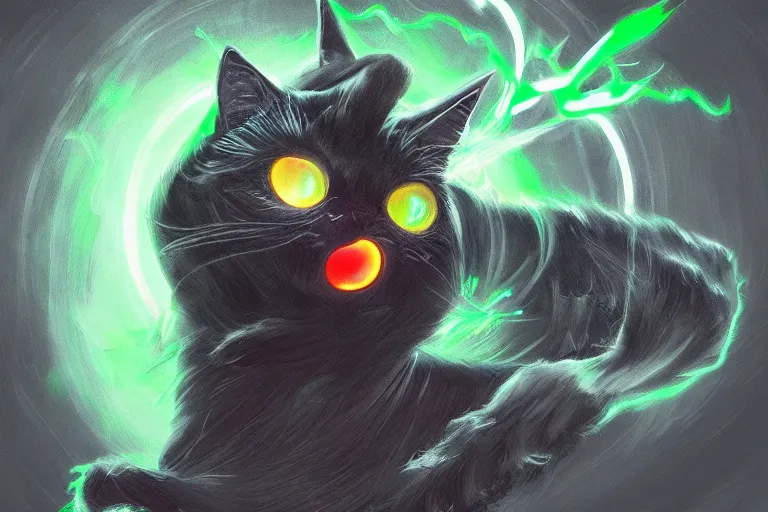 Image similar to black cat with glowing green eyes opening a magic portal to a demon realm, digital illustration, artstation, artstation hq, hd