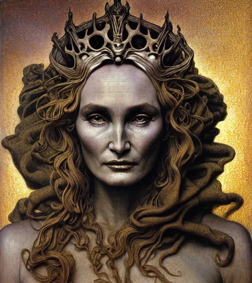 Image similar to detailed realistic beautiful young jessica lange as queen of mars face portrait by jean delville, gustave dore and marco mazzoni, art nouveau, symbolist, visionary, gothic, pre - raphaelite. horizontal symmetry by zdzisław beksinski, iris van herpen, raymond swanland and alphonse mucha. highly detailed, hyper - real, beautiful