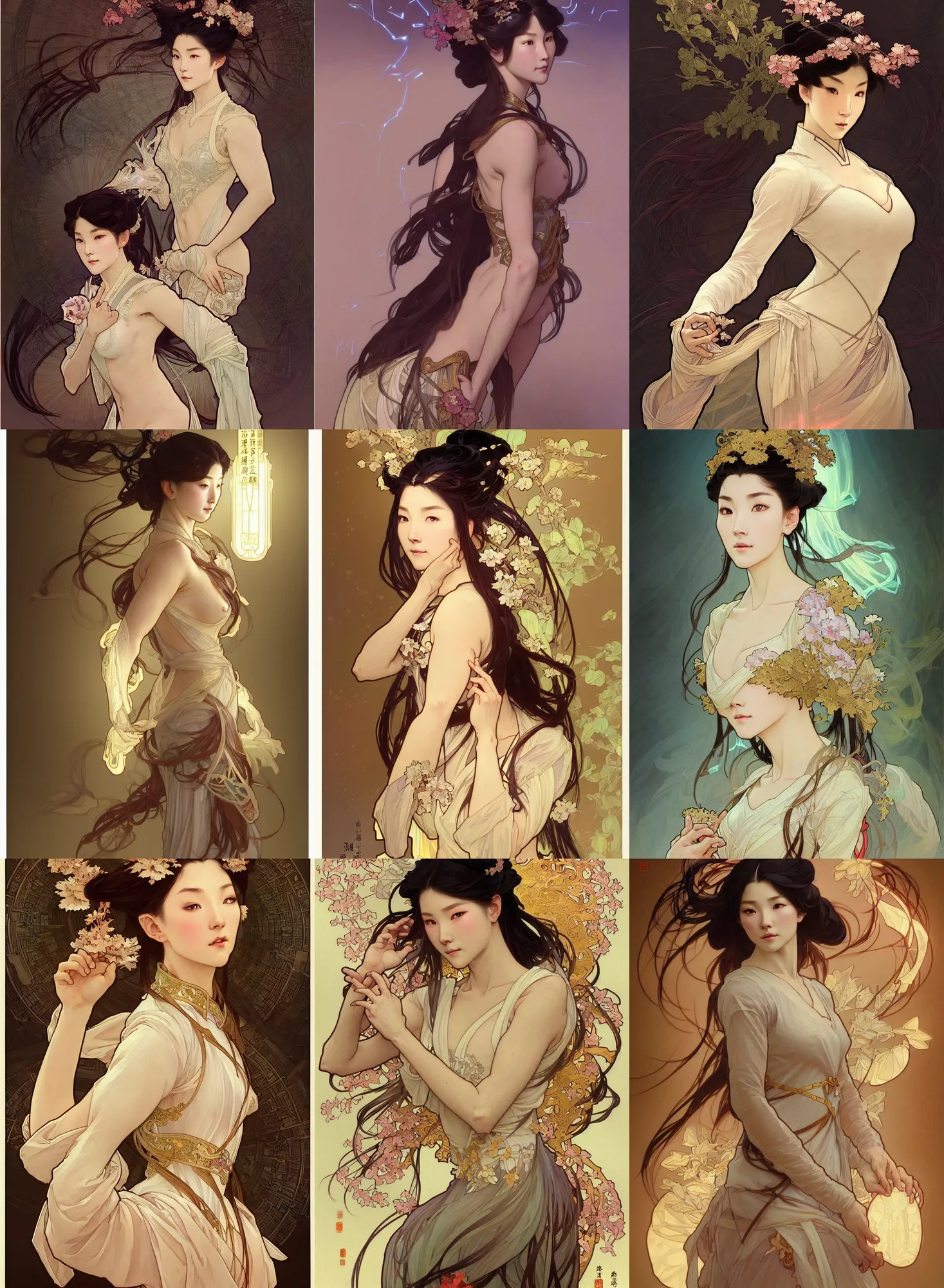 Prompt: a digital concept ar by artgerm and greg rutkowski and alphonse mucha. clear portrait of a lonely attractive woman in uniform of tang dynasty!! tang dynasty book, light effect. hyper detailed, character concept, full body!! dynamic pose, glowing lights!! intricate, elegant, highly detailed, digital painting, artstation, concept art, smooth, sharp focus, illustration