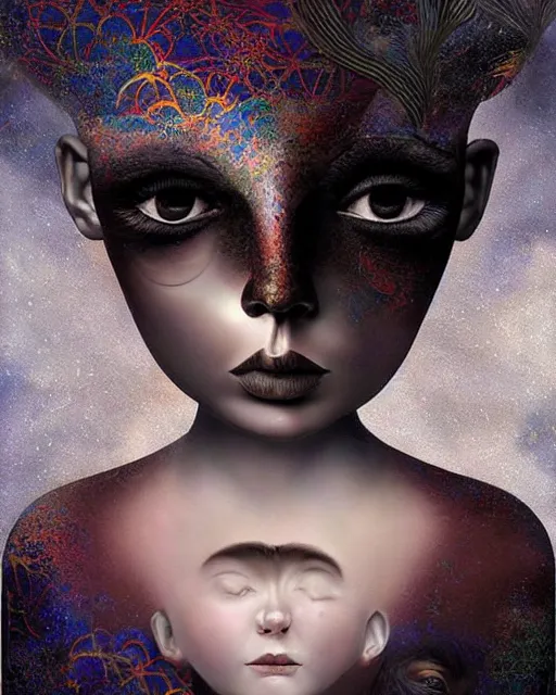 Image similar to cherub themed surrealist portrait art in the styles of igor morski, jim warren, and aida muluneh, intricate, hyperrealistic, accurate facial details, profile picture with chromakey!!!!! background, volumetric lighting