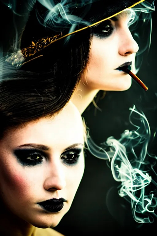 Image similar to a smoking witch, closeup, filled background around face fantasy, magic, undercut hairstyle, dark light night, intricate, elegant